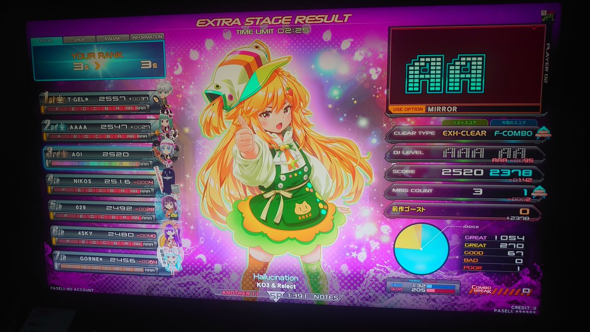 quick_414's tweet photo. 今日の弐寺
SPスコア伸ばし

Ignited Night解禁
リフレクやってる時に大変お世話になった曲、初見フルコンあざす！

後は
いつの間にか出てた曲
いつ解禁したか記憶ない曲
御経みたいな曲
計４曲☆11フルコン

おい、スコア伸ばしどこいった https://t.co/O3TsGK4mOY