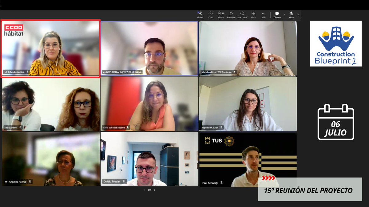 CCOO_Habitat's tweet photo. 📅 El 06/07, @CCOO_Habitat en la 15ª reunión #ConstructionBlueprint2 @EUConstruction.

✅WP1: flash 24/08; 
🤝WP2: firmantes julio; 
📊WP3: encuesta 13/07; 
🎓WP4: formadores 22-24/07 y Moodle lista; 
📌WP5: ocupaciones validadas. 

¡Seguimos! 💪🏗️ #FormaciónConstrucción https://t.co/P5NPYHPSeD