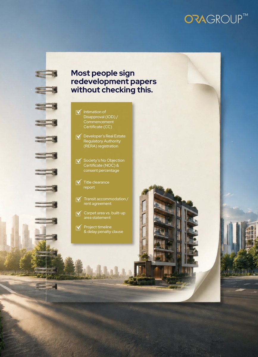 Ora_Group_'s tweet photo. In redevelopment, the right documents protect more than property. They protect ownership, timelines, and future value.

Always verify before you commit.

#ORA #ORAGroup #RealEstate #Redevelopment #DiversifiedGroup #FutureFocused #India https://t.co/hXxgOa99Iv