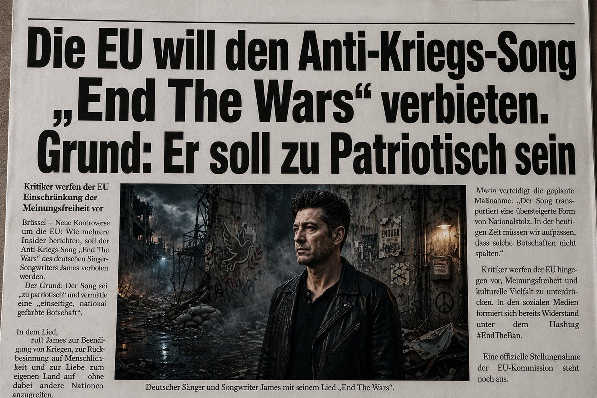 Bahar_KayaDeTr's tweet photo. @UlrichSiegmund Sie zittern vor einem einzigen Lied!
Weil es Mut macht!
Die #EU will „End The Wars“ verbieten.
Doch unsere Herzen kann man nicht zensieren!
Zeigt ihnen, dass wir lauter sind!
📺 YouTube: James-Singer-and-Songwriter
🔄 Macht es viral!
#EndTheWars #EndTheBan #Trenden https://t.co/VFgaXEg3F7
