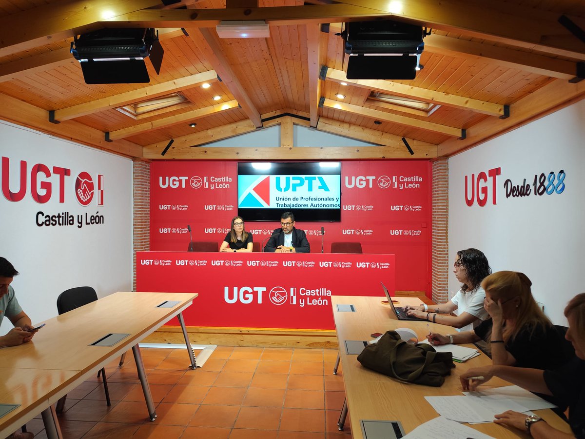 upta_es's tweet photo. 📍 Desde la sede de UGT Castilla y León, en Valladolid, @EDUARDOABADSABA , presidente de UPTA, y Sandra Amez, responsable del Área Política, Institucional y Territorial de UGT Castilla y León, ofrecen una rueda de prensa para presentar el balance del trabajo autónomo en la comunidad durante el primer semestre de 2026.

Un análisis de la situación de los más de 180.000 trabajadores autónomos de Castilla y León y de los principales desafíos que afronta el colectivo.

@UGTCyL 
#UPTA #UGT #CastillayLeón #Autónomos