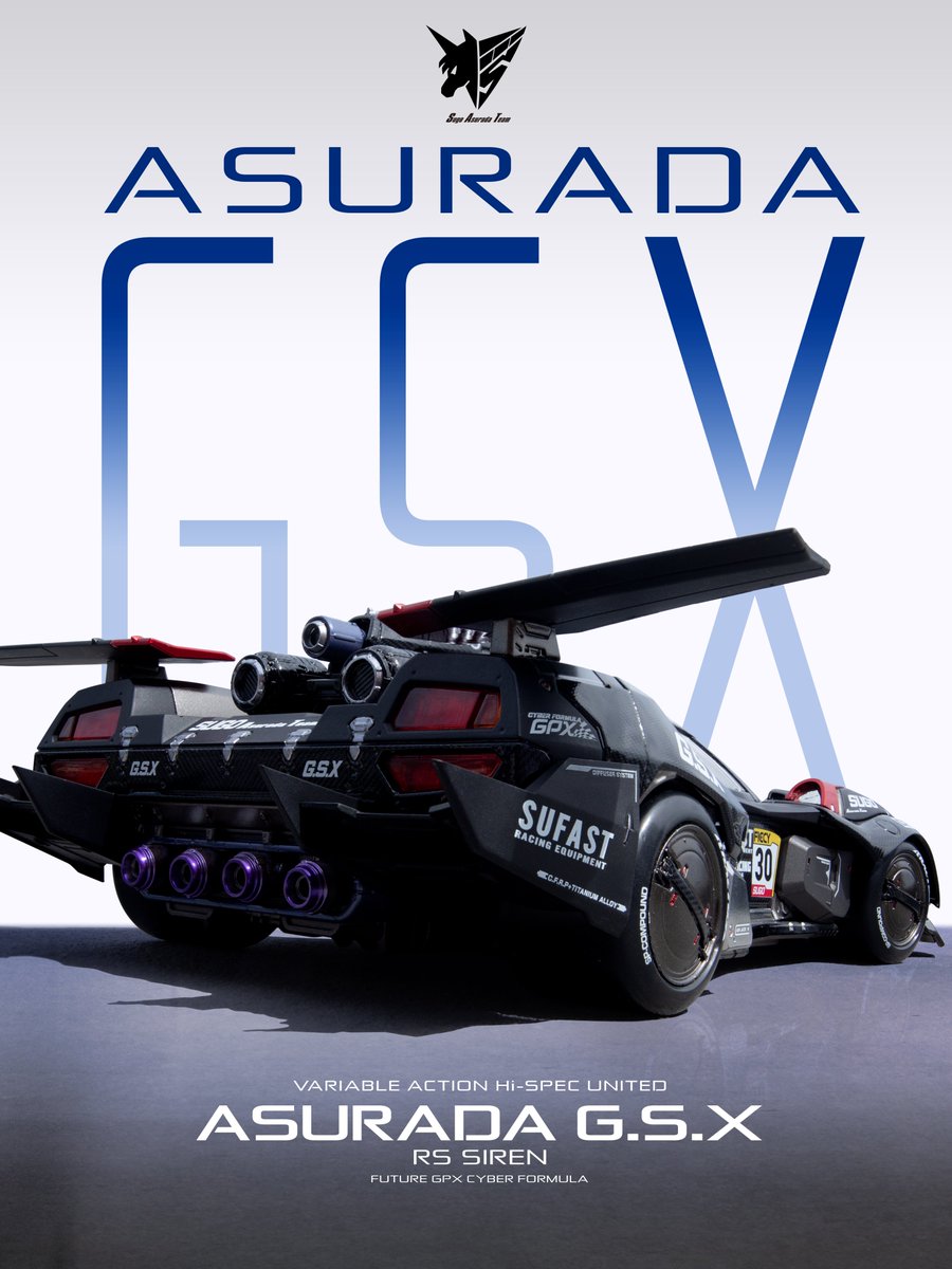 mega_hobby's tweet photo. 【漆黒のアスラーダG.S.X 現る】

「新世紀GPXサイバーフォーミュラ」35周年を記念し、
VA Hi-SPEC UNITEDより「アスラーダG.S.X RS SIREN（セイレーン）」がロールアウト。

アスラーダG.S.Xのシェイクダウンをイメージした特別仕様となる本マシン。
重厚感あるマットブラックのカラーリングが、
アスラーダの流麗なフォルムを際立たせます！

更にマシン名はシリーズ総監督の福田己津央氏が命名した
35周年にふさわしい記念モデルとなります！

プレミアムバンダイ購入特典として
SUGO開発スタッフの証であるオリジナル「クレデンシャルパス」が付属！
お見逃しなく！
https://t.co/X16KleeRv7

#サイバーフォーミュラ #CF35th
