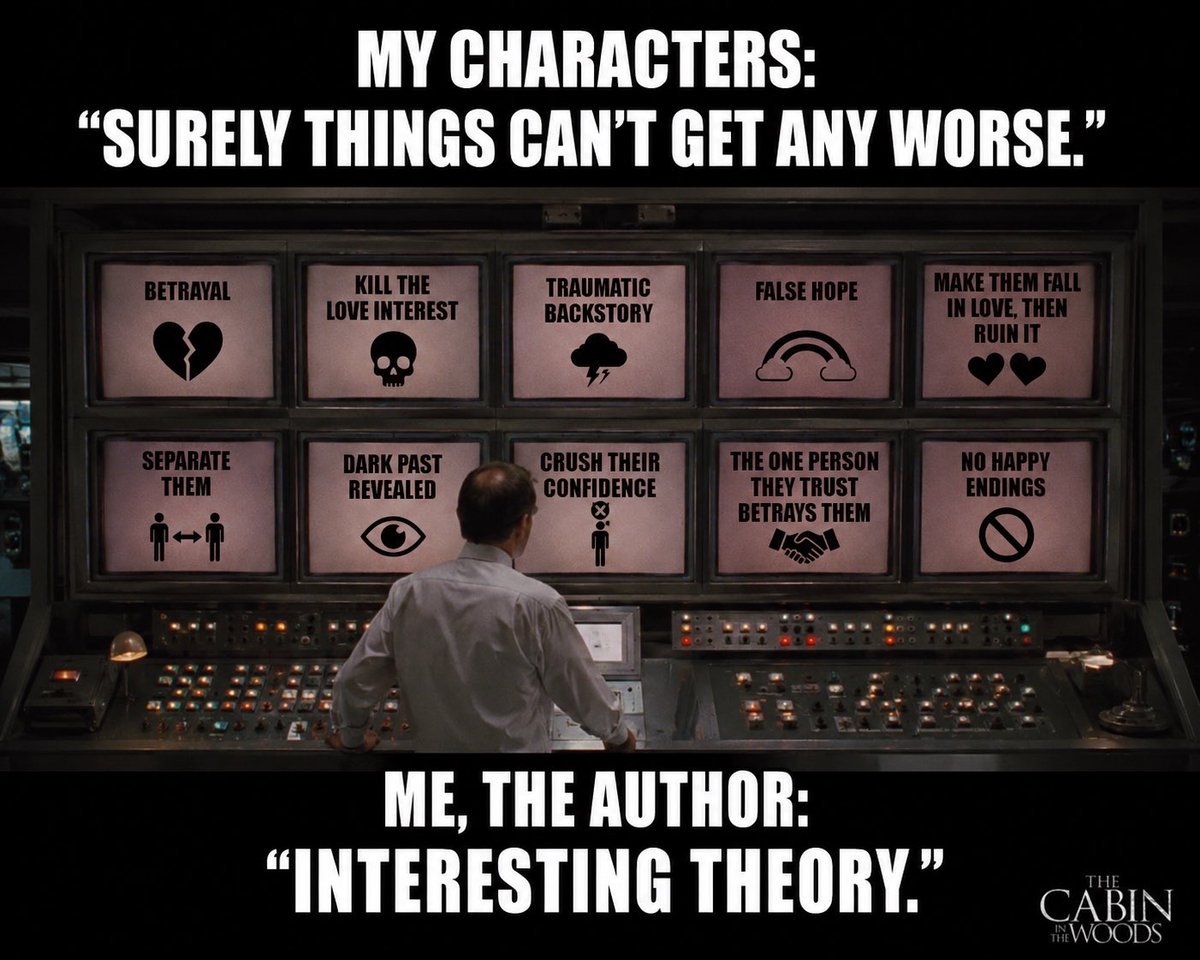 Ana_Thomas089's tweet photo. My readers: “Surely things can’t get any worse…”
Me: opens the control panel
😈
#WritingCommunity #AmWriting #cabininthewoods #WriterLife #FantasyWriter #BookTwitter https://t.co/ekSLV8Mr0F