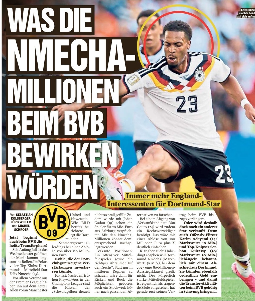 BehVauBehNews's tweet photo. Beitrag aus der Bild (07.07.26) 
#bvb #dortmund  #Bundesliga #borussia #bellingham #asllani  #FIFACWC #sancho #FIFAWorldCup #kovac #schlotterbeck #Kovac #adeyemi  #Guirassy #westfalenstadion  #kicker #ChampionsLeague #reggiani #ricken #nrw #signalidunapark #reus #prates https://t.co/Rkcq7mmqWI
