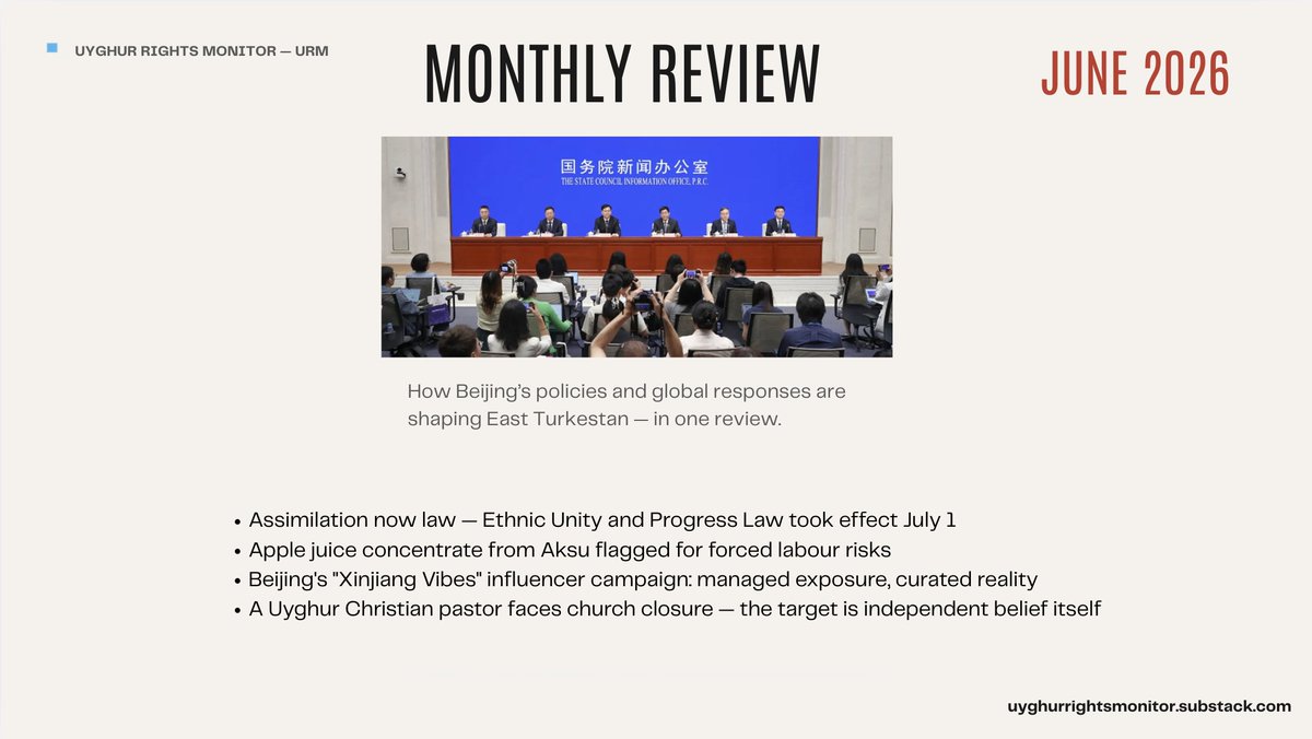 UyghurMonitor's tweet photo. Uyghur forced labour risk has reached your juice box. Beijing choreographs the narrative — influencers in, independent observers out.
The June 2026 Review tracks Beijing's ongoing genocide against Uyghurs in East Turkestan. Read the full review → https://t.co/r8SkyjwNQZ https://t.co/Dcs1urvm96
