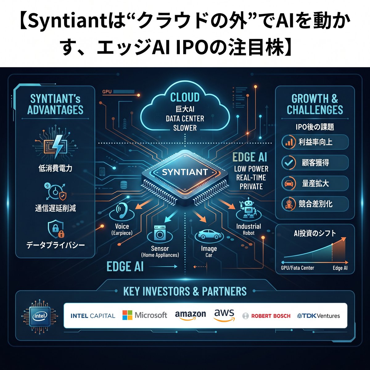 katsumoku__'s tweet photo. 【Syntiantは“クラウドの外”でAIを動かす、エッジAI IPOの注目株】

Syntiantは、クラウド上の巨大AIではなく、イヤホン、家電、車、産業機器など、身の回りの端末でAIを動かす「エッジAI」を手がける企業です。

IPO申請済みですのでこのあと早ければ1ヶ月以内程度では上場するかと思います。

音声、センサー、画像を低消費電力で処理できれば、通信遅延を減らし、データを外部へ出さずにAIを使えるようになります。

AI投資がGPUやデータセンターへ集中する中で、Syntiantは“現実世界の機器を賢くする半導体”として注目される存在です。

一方で、売上拡大に対して赤字も残り、IPO後は成長期待だけでなく、利益率、顧客獲得、量産拡大、競合との差別化が厳しく問われます。

AIの次の成長は、画面の中だけでは終わりません。生活や産業の機器にAIが入る「フィジカルAI」の広がりを、Syntiantは測る銘柄になりそうです。

昨年からのAI,半導体関連のIPOは上場日に大きく上昇し、そのあと一度崩れる傾向が強く、そしてその後大きく上昇しているものが多いです。

上場後、下落して落ち着いた段階で買うのが正解。主要株主も非常に良いですし、面白い銘柄になりそうです。

詳細レポート及び解説は新しいKATSUMOKUサイトで確認してください。