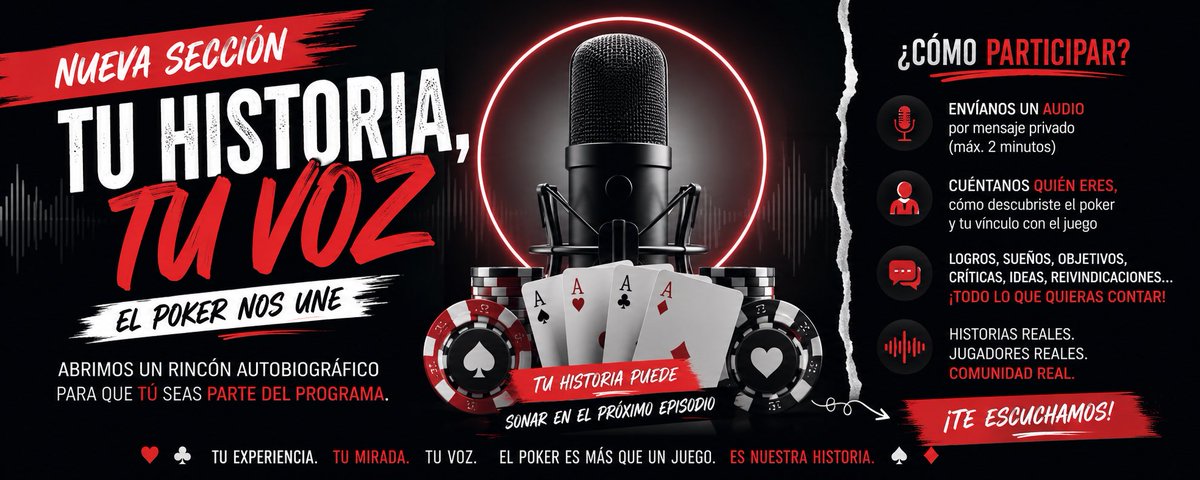 MarcaPoker's tweet photo. 🚨 ATENCIÓN COMUNIDAD 🚨
Abrimos micros para vosotros.
Sí, para TI.

Queremos que formes parte del programa contando tu historia en el poker:
desde cómo empezaste hasta dónde quieres llegar. Sin filtros. Sin guion.

🎧 Envíanos un AUDIO (máx. 2 minutos) por MD y podrás sonar en un episodio.

Historias reales. Jugadores reales. Voz propia.

Este es tu momento. ¿Vas a dejarlo pasar?