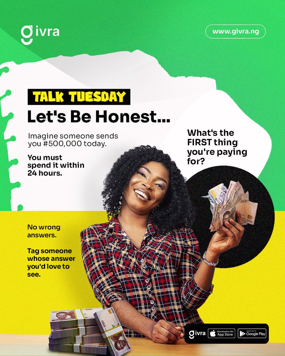 giftwithgivra's tweet photo. Imagine someone sends you ₦500,000 today... but you must spend it within 24 hours! 😅

What's the FIRST thing you're paying for? 👀

Tag your favorite celebrity —who knows, they might just see your comment and bless you with ₦500,000! 🤭

#fintech #gifting #giftcards #Mbappé https://t.co/bZdCr7BEmh
