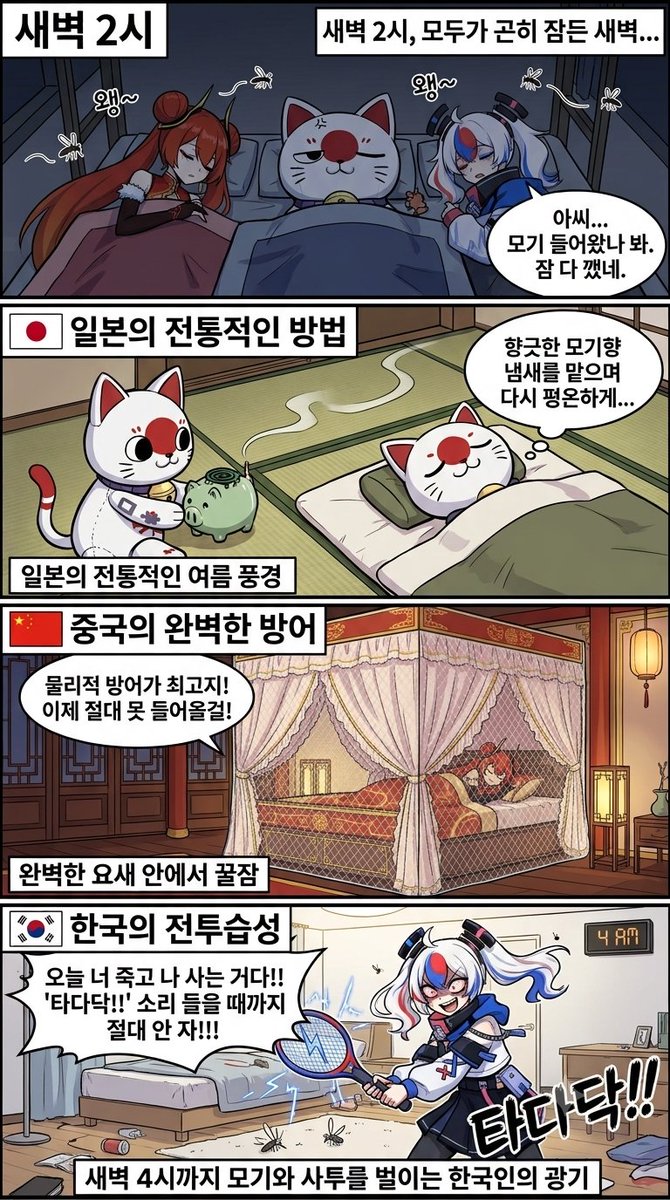 shiningskyhksr's tweet photo. 삼국의 모기 잡는법 차이

#国旗娘
#국기소녀

새벽 2시 모두가 잠든 새벽
1. 한국: 아.. 모기 들어왔네. 잠 다깼네.

2. 일본의 전통적인 방법
일본: 향긋한 모기향 냄새 맡으며 다시 평온하게..

3.중국의 완벽한 방어
중국: 물리적 방어가 최고!

4. 한국의 전투습성
한국: 오늘 너 죽고 나 살자! https://t.co/wp2VLezswR