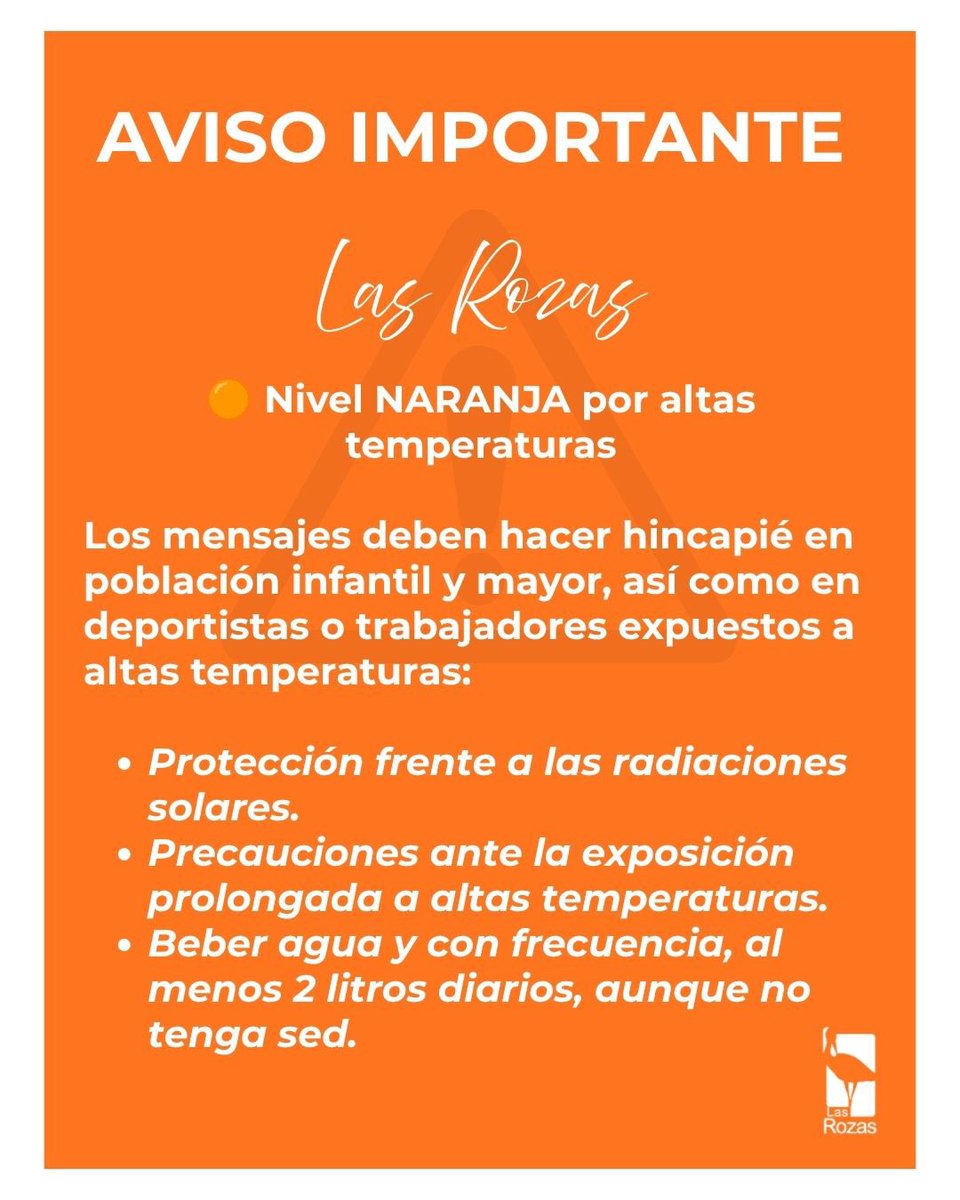 Ayto_Las_Rozas's tweet photo. 🟠 AVISO IMPORTANTE: Nivel naranja por altas temperaturas. 

Se recomienda extremar las precauciones y seguir las indicaciones. https://t.co/1KsMoiMxzE