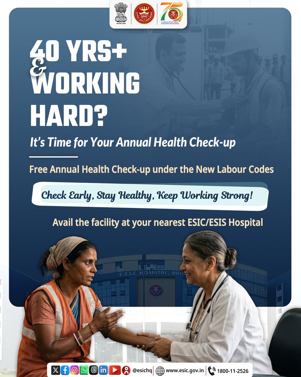 ESIC_RO_Odisha's tweet photo. Working hard after 40? Your health deserves equal attention.Under the New LabourCodes, ESIC offers free annual health check-ups for insured workers aged 40 years and above.
Avail the facility at your nearest ESIC/ESIS Hospital.
#ESIC #SwasthShramikSashaktBharat
#FreeHealthCheckup https://t.co/bVjBgJzzAA