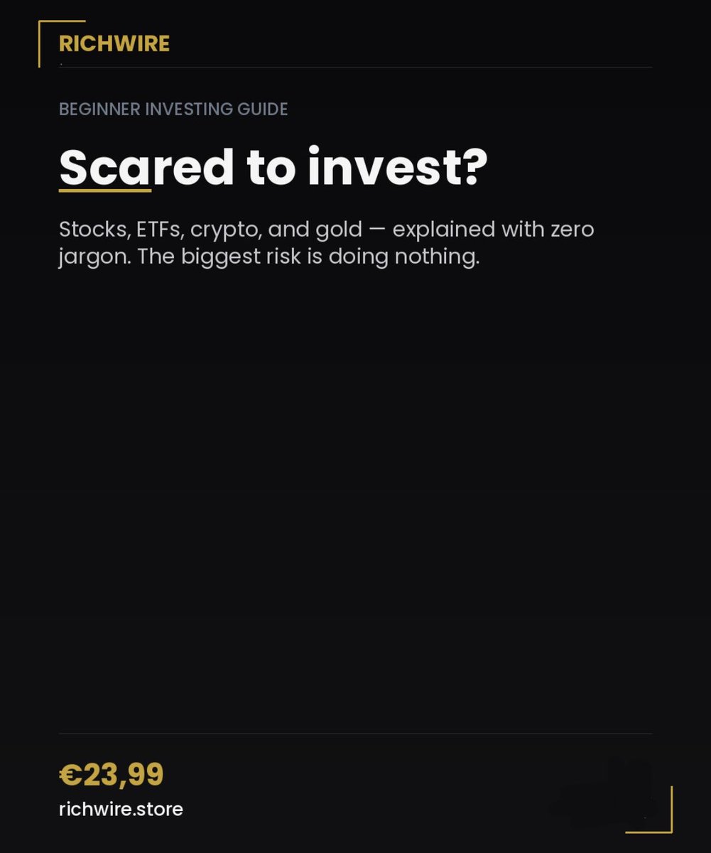 RichWireStore's tweet photo. 📈Investing feels scary because nobody taught you how. This guide fixes that - stocks, ETFs, crypto, gold, explained with zero jargon. The biggest mistake is doing nothing. 
⬇️
https://t.co/G8wyVv5ZcH
.
.
.
#InvestingForBeginners #RichWire https://t.co/wrVMmS7M2b