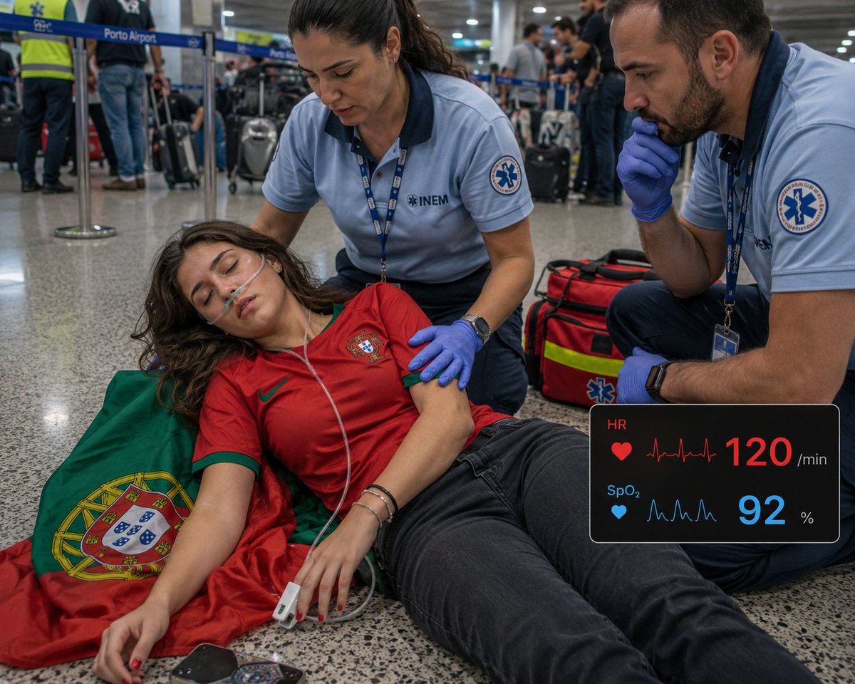 IhabFathiSulima's tweet photo. A 24-year-old Portuguese football fan collapses in the airport shortly after arriving from a World Cup match. She is conscious but dizzy, pale, and short of breath.
What is the diagnosis? https://t.co/gEhj8RY9YI