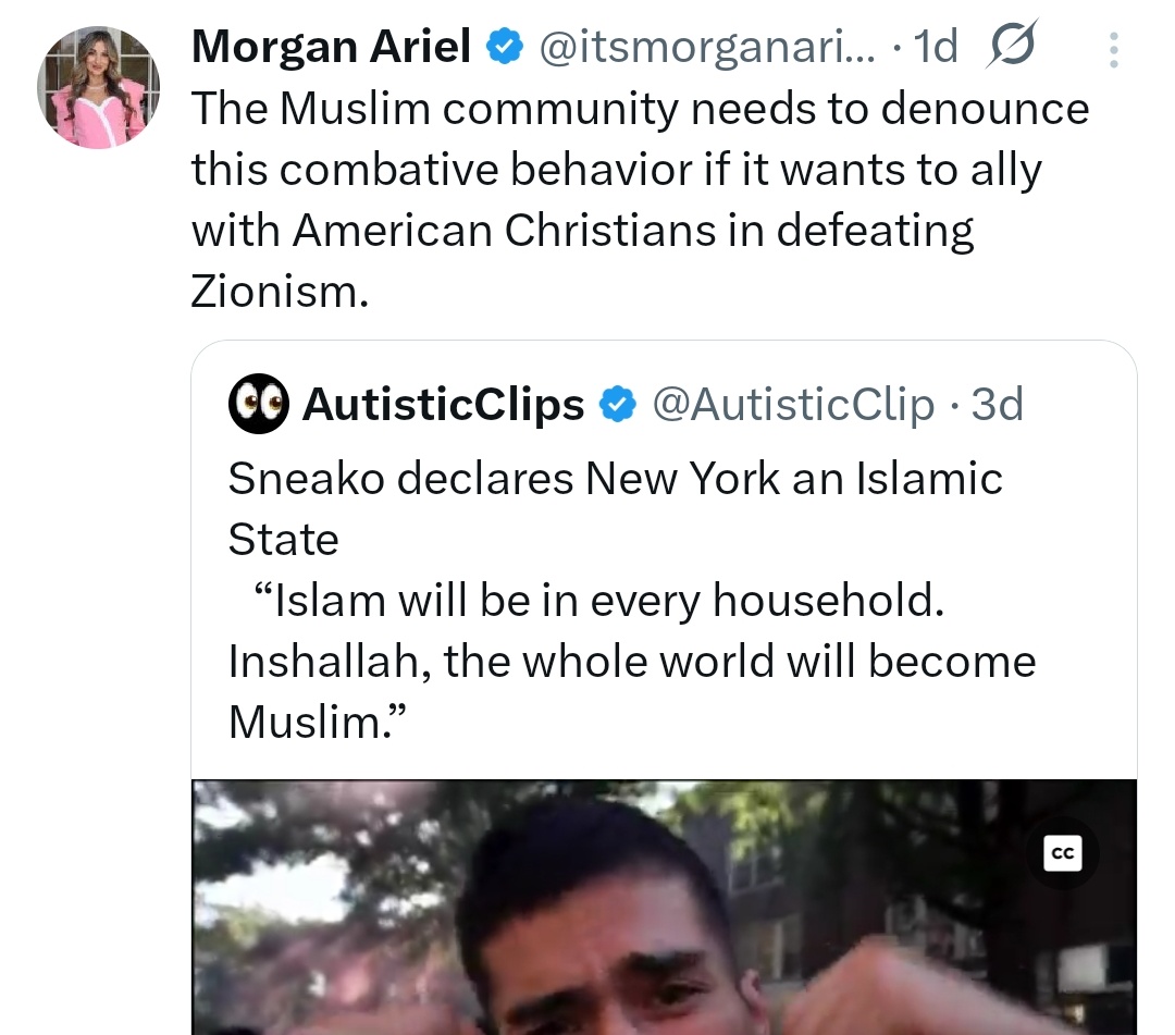Alex_Mq09's tweet photo. @itsmorganariel Just yesterday you were trying to salvage an alliance with Muslims to defeat "Zionists." Now that Nick has definitively shut that door, you're adopting his exact same take on them. Politics isn't for you. https://t.co/qbnJmA3m3q