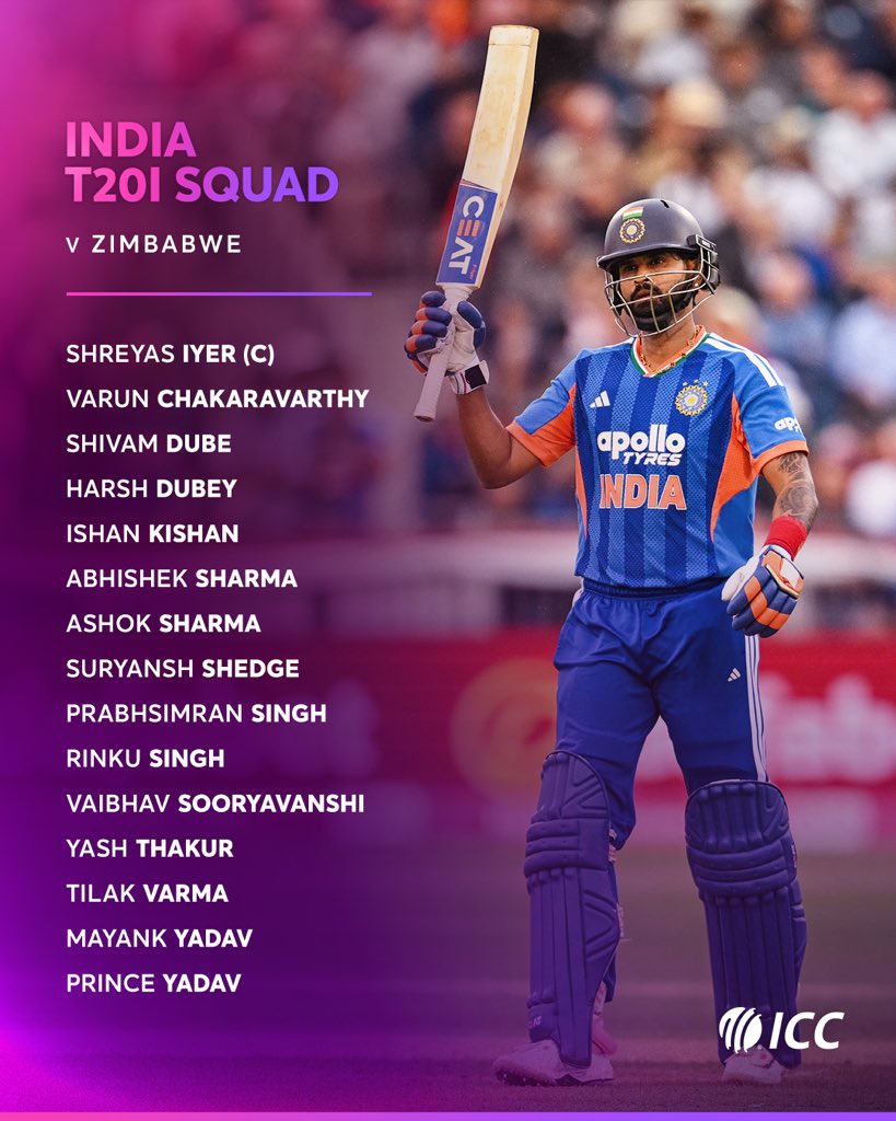 ICC's tweet photo. Shreyas Iyer leads as India call-up 4️⃣ fresh talents for their T20I series against Zimbabwe 👊

Read more 👉 https://t.co/t38DXuKyiY https://t.co/CJPZDHyZ2X