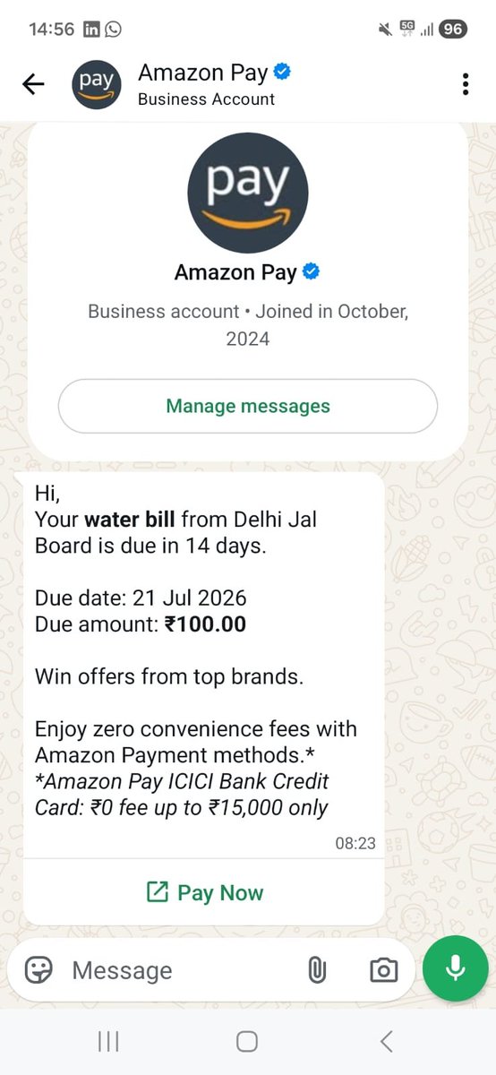 IndianPolitic11's tweet photo. @amazonIN getting this msg on WhatsApp though have nothing to do with Delhi Jal Board? https://t.co/54vCLyjj15