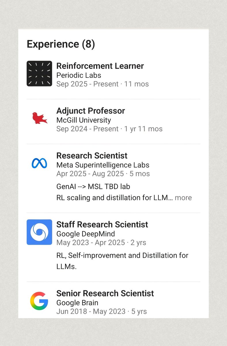 VikasAlwys's tweet photo. Meet Rishabh Agrawal, who got AIR 33 in JEE and completed his https://t.co/YSvOF5fxhn, Computer Science from IIT Bombay. He worked at Google Brain, DeepMind, Waymo, and when Mark Zuckerberg personally gave him a $1 million job offer, he denied it.

And do you know what he's doing today? Building the next-generation AI company called Periodic Labs.

Many of us might not know him well, but in the AI world, he is a big deal. The reason is that he has worked at some of the most elite AI labs on the planet: Google Brain, DeepMind, Waymo, and Meta Superintelligence Labs.

In spite of that, when he was offered a ₹9.5 crore per annum job, after five months at Meta, he denied it, quit, and joined Periodic Labs as a co-founder.

Now, Periodic Labs is building the future of next-generation AI. It is backed by NVIDIA and Jeff Bezos, and it's building an AI scientist that can generate hypotheses for real-world experiments to discover new materials, medicines, and even new physics.

Instead of being a small fish in a big pond, be a big fish in a small pond.

FYI check :-
https://t.co/7qfSeT00Ww
