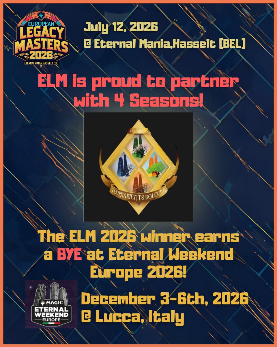 EULegacyMasters's tweet photo. 🥁 We are happy to announce that ELM 2026 will count as a trial for #EternalWeekendEU! 

👑 Our champion will earn a BYE for the big show in December.

🎟️ And of course the EW winner will also be invited to the next ELM.

ELM 🤝 @4Tournaments  🤝 @BooseMtg 
❤️ One Legacy Family https://t.co/sWDBIHwhjK
