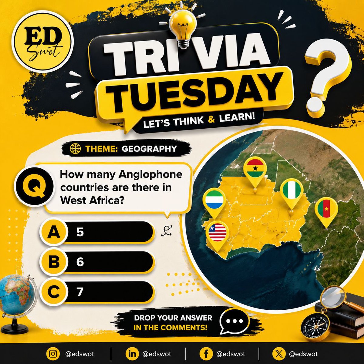 edswotltd's tweet photo. #TriviaTuesday

Let's test your Geography knowledge!

How many Anglophone countries are there in West Africa?

A. 5
B. 6
C. 7

Drop your answer below.

At Edswot, we believe learning is fun, interactive &amp; inspiring.

🌍 https://t.co/Zubpou7r1S

#Education #Geography #Edswot https://t.co/NXvMkwVW54