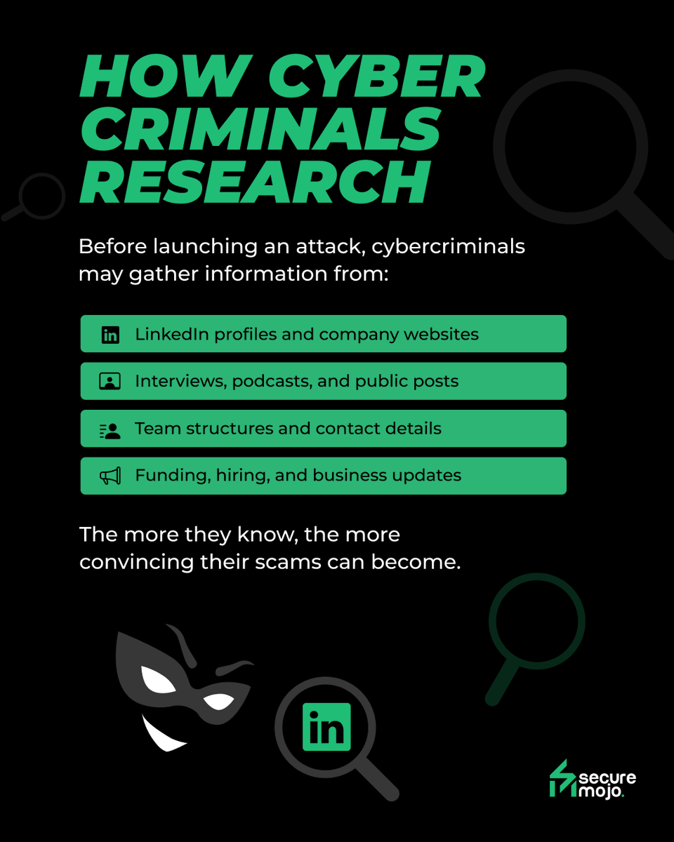 SecureMojo's tweet photo. Cybercriminals don't attack businesses first.
They often research the founder before making their move. 👀 

#SecureMojo #Cybersecurity #OnlineSafety #SessionHijacking #AccountSecurity #FounderSecurity #ExecutiveProtection #DigitalIdentity #didyouknow https://t.co/hMx2094FCs