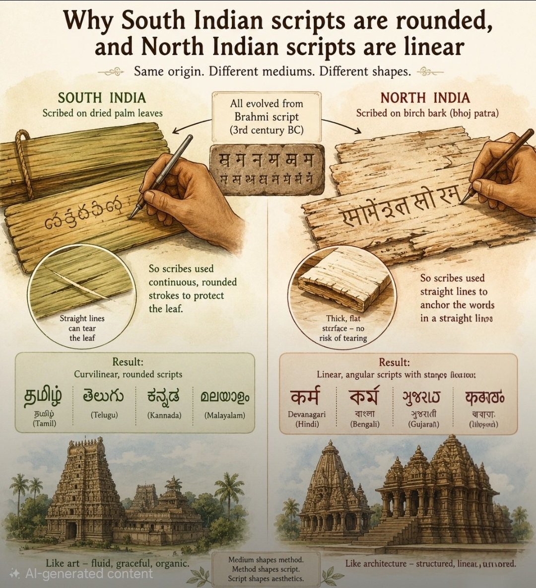 Nitish0047's tweet photo. Do you know why South Indian languages are written in a more curvilinear, rounded fashion, whereas North Indian languages have more straight lines?

Even though all of these languages are evolved from the same Brahmi script from 3rd century BC.

The answer to this actually lies https://t.co/QkrDAIsdMz