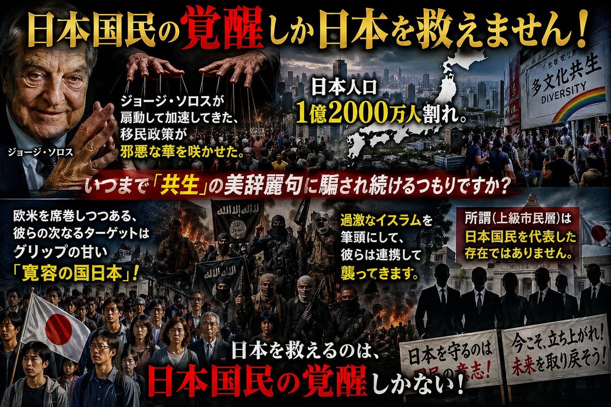 sunlight9501's tweet photo. 【日本国民の覚醒しか日本を救えません！】 

ジョージ・ソロスが扇動して加速してきた、移民政策が邪悪な華を咲かせた。
日本人口1億2000万人割れ。

いつまで「共生」の美辞麗句に騙され続けるつもりですか？  
欧米を席巻しつつある、彼らの次なるターゲットはグリップの甘い「寛容の国日本」！ 
過激なイスラムを筆頭にして、彼らは連携して襲ってきます。 

＜所謂(上級市民層)は日本国民を代表した存在ではありません。＞