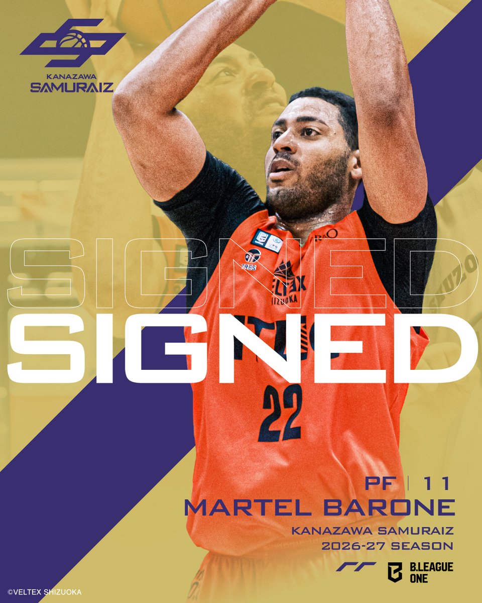 SAMURAIZ_K's tweet photo. ✍️SIGNED！
──────────────────
背番号11 #バローンマーテル @martelbarone 
 
この度、金沢サムライズでは #バローンマーテル 選手との2026-27シーズンの選手契約（新規）が合意に達しましたので、お知らせいたします。

▼ 詳細はこちら
https://t.co/ia5jiKd0LW

#サムライズ https://t.co/PcCVFX40Hs