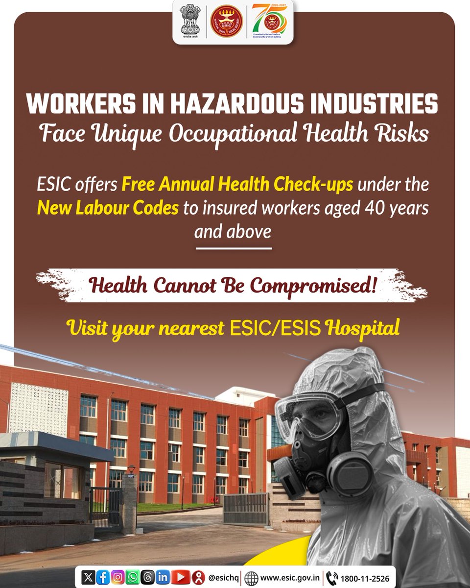 ESIC_RO_Odisha's tweet photo. In high-risk industries, regular health checks are mandatory, not a choice.
ESIC provides free annual health check-ups for insured workers aged 40 years and above under the New LabourCodes.Visit your nearest ESIC/ESIS Hospital.
#ESIC
#SwasthShramikSashaktBharat
#FreeHealthCheckup https://t.co/RXZIWOeUhv
