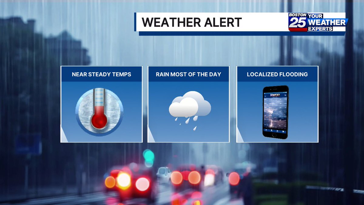 ShiriSpear's tweet photo. Rain will last most of the day, heavy in spots. I'm not expecting widespread flooding, but localized issues are possible. @boston25 #mawx #newengland https://t.co/FodmvRcvBl