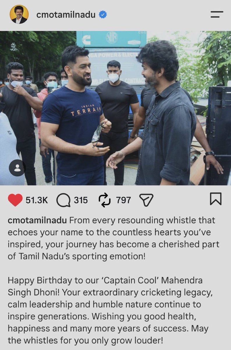 mufaddal_vohra's tweet photo. TN CM Vijay’s Instagram post for MS Dhoni. https://t.co/LwYX5gEbYZ