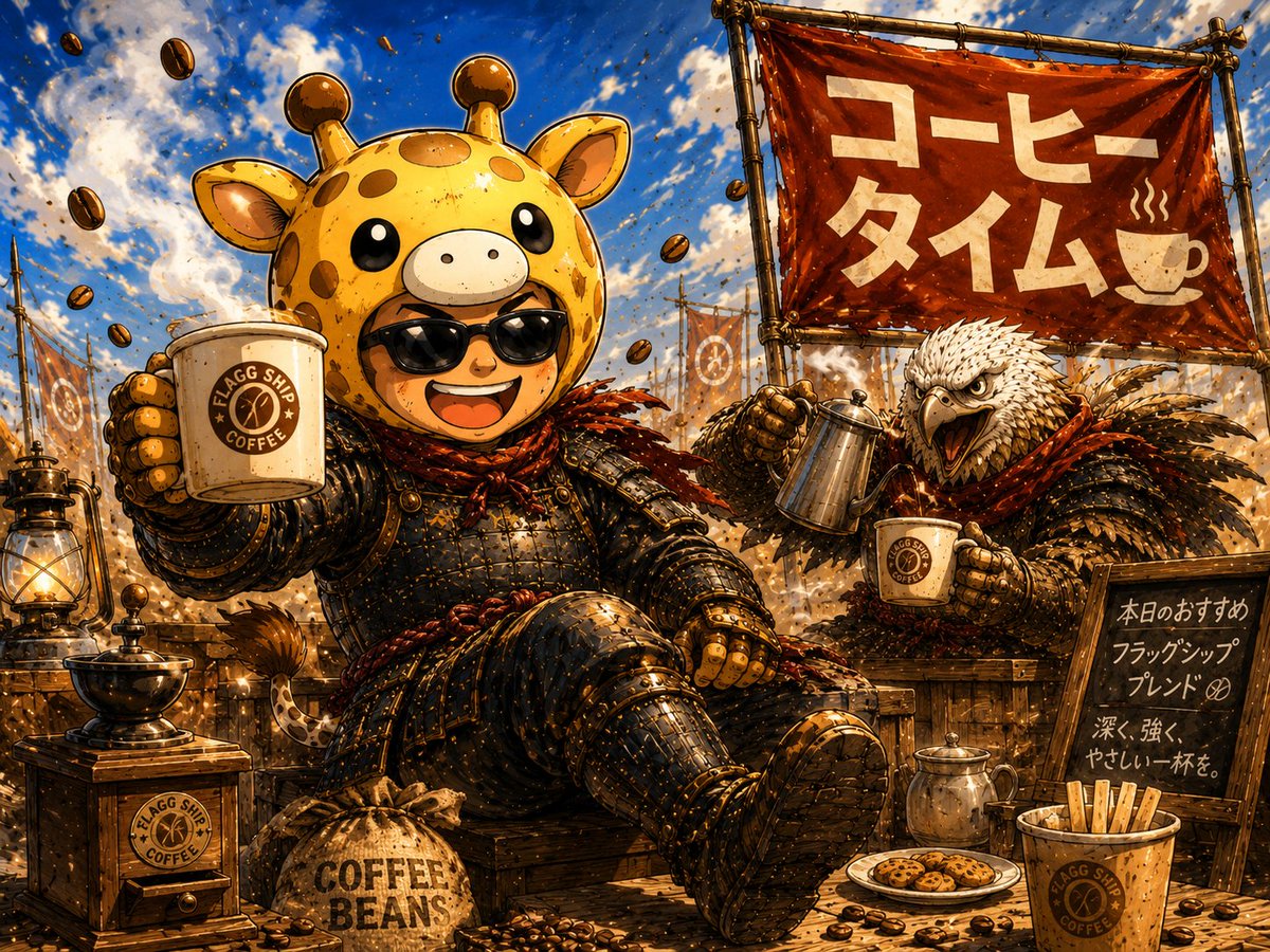 kirintenchou's tweet photo. 首をへし折られる前に
人間に戻ろう🦒

フラッグシップ隊
勝利は目前⚔️
余裕の小休止だ☕ https://t.co/7KgxEAj2kE