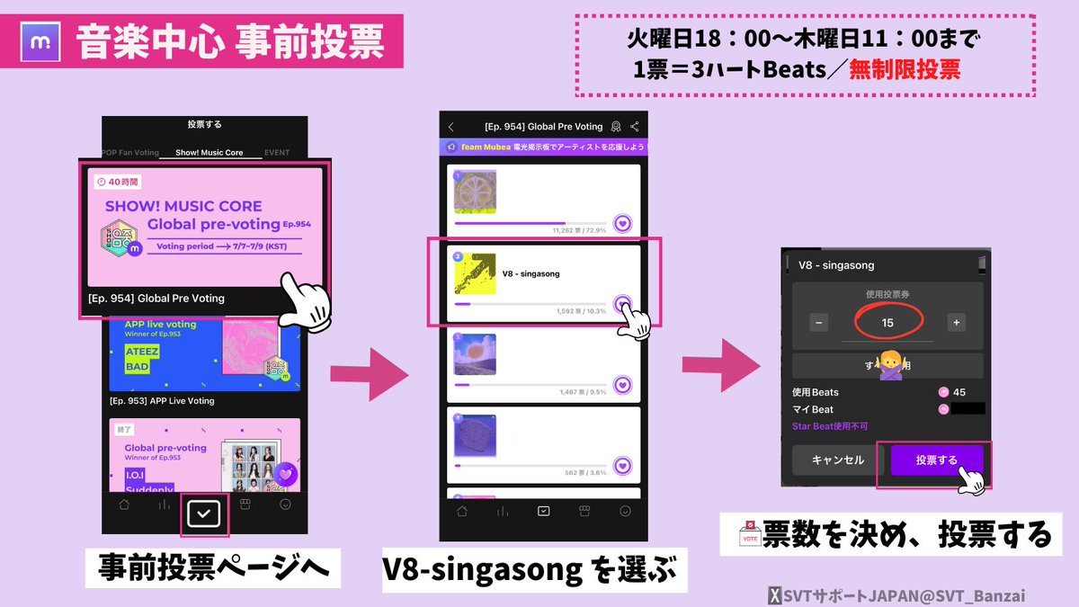 SVT_Banzai's tweet photo. 📢【音楽中心】
事前投票スタートしました！
🟣投票アプリ(2つで同時進行)
📅7/7(火)〜7/9(木)11時まで
____________________
①
📲Mubeat
[Ep. 954] Global Pre Voting
🔗https://t.co/PGMWwECH9B
🗳1票=3ハートBeats
____________________
②
📲Muniverse
🔗 https://t.co/1VjoX3PTZJ
🗳1票=５Ad Lumy
____________________
⚠️投票先は間違わないように🚨

🚨投票戦略確認お願いします
✅手持ちの30%のハート、ルミーを投票に使用
✅有効期限が切れる分は必ず使用下さい
✅ライブ投票分をアカウントごと必要、確保を。
①Mubeat💜ハートBeat150個
②Muniverse🔷Ad Lumy250個
🔴戦略は変わる可能性があります
🔴全てのハート、ルミー使い切らないようにお願いします
🔴最終日に特に注意
🎯目標1位
⚠️どちらのアプリも順位により点数が与えられるため、票差をつけて勝つ必要はありません

#THE8 #디에잇
#VERNON #버논
@pledis_17 @pledis_17jp