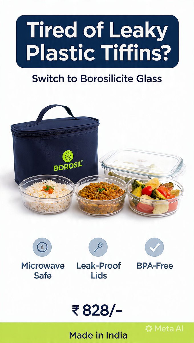 khasnis1981's tweet photo. Leaky plastic tiffin ruining your bag? 😩Upgrade to Borosil Klip n Store: 3 x 400ml borosilicate glass containers with 100% leak-proof lids.
Microwave &amp; freezer safe. Washable bag included.
Made in India 🇮🇳
₹828/- only
BUY NOW: https://t.co/iioQ8d5mxy
#GlassTiffin #MadeInIndia https://t.co/e0T5iaVraB