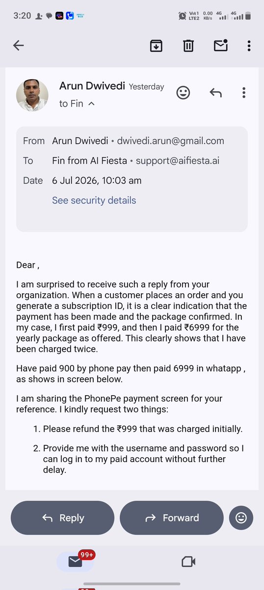 dwivediarun's tweet photo. Dear @dhruv_rathee @aifiesta  I still believe aifeasta is not fake. It's been 3 days since we paid for the yearly package, still waiting for a reply from your team. I hope money is safe. https://t.co/LqklrA3b4M