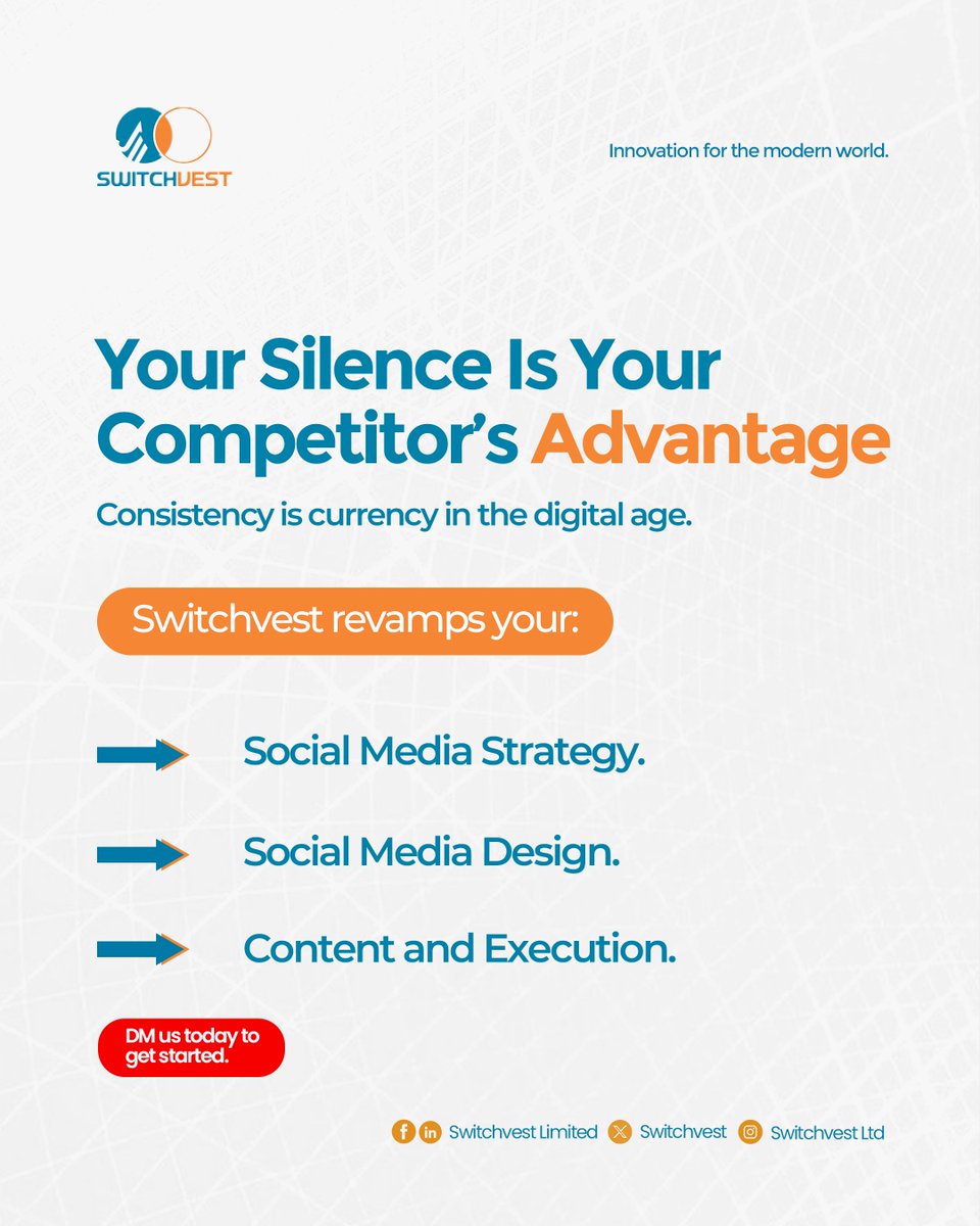 switchvest's tweet photo. Social media isn't about posting every day.
It's about having:
- Strategy
- Great Design
- Valuable Content
- Consistent Execution
When these work together, your brand grows.
π© Want results instead of random posts? Let's build your strategy.
#SocialMediaStrategy #SwitchVest https://t.co/PFwNYCIDZa