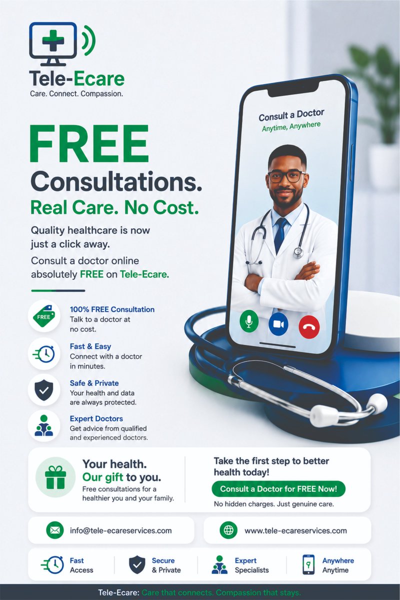 tele_ecare's tweet photo. FREE Consultations are Here!

Why wait for hours at the hospital when expert medical advice is just a click away?

For a limited time, Tele-Ecare is offering FREE online doctor consultations!

Whether you're feeling unwell, need medical advice, or want a second opinion, our licensed healthcare professionals are ready to help at absolutely NO COST.

*100% FREE Consultation
*Qualified Doctors
*Secure & Private
*Fast Response
*Anywhere, Anytime
Your health shouldn't wait because of expensive consultation fees.
Take advantage of this opportunity and speak with a doctor today.

🌐 Visit: https://t.co/wPE1xy4q8f
📧 Email: info@tele-ecareservices.com

#FreeConsultation #TeleEcare #Telemedicine #Healthcare #DoctorOnline #MedicalCare #Nigeria #HealthForEveryone #VirtualHospital #StayHealthy #HealthyHabits | IT IS SETTLED