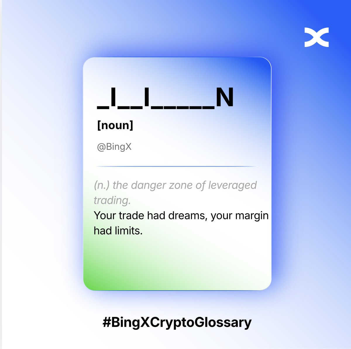 BingXOfficial's tweet photo. When leverage takes your position away

Guess the word and win 50 USDT: 5️⃣ lucky winners to share

To join:
1. Follow @BingXOfficial, like &amp; RT
2. Tag 2 frens 
3. Comment the answer