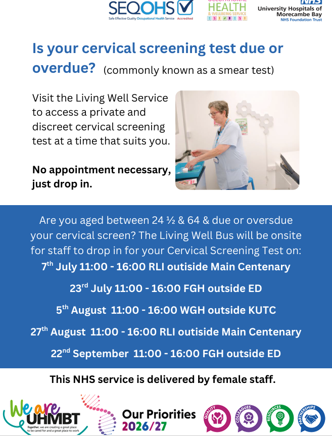 UHMBT_OccHealth's tweet photo. Is your cervical screening due or overdue?
@UHMBT The Living Well Bus is at FGH today from 11:00. No appointment needed. Simply drop in at a time that suits you, can be attended during working hours. Take this opportunity to prioritise your wellbeing, we're here to support you💜 https://t.co/iAOupV5Jz9
