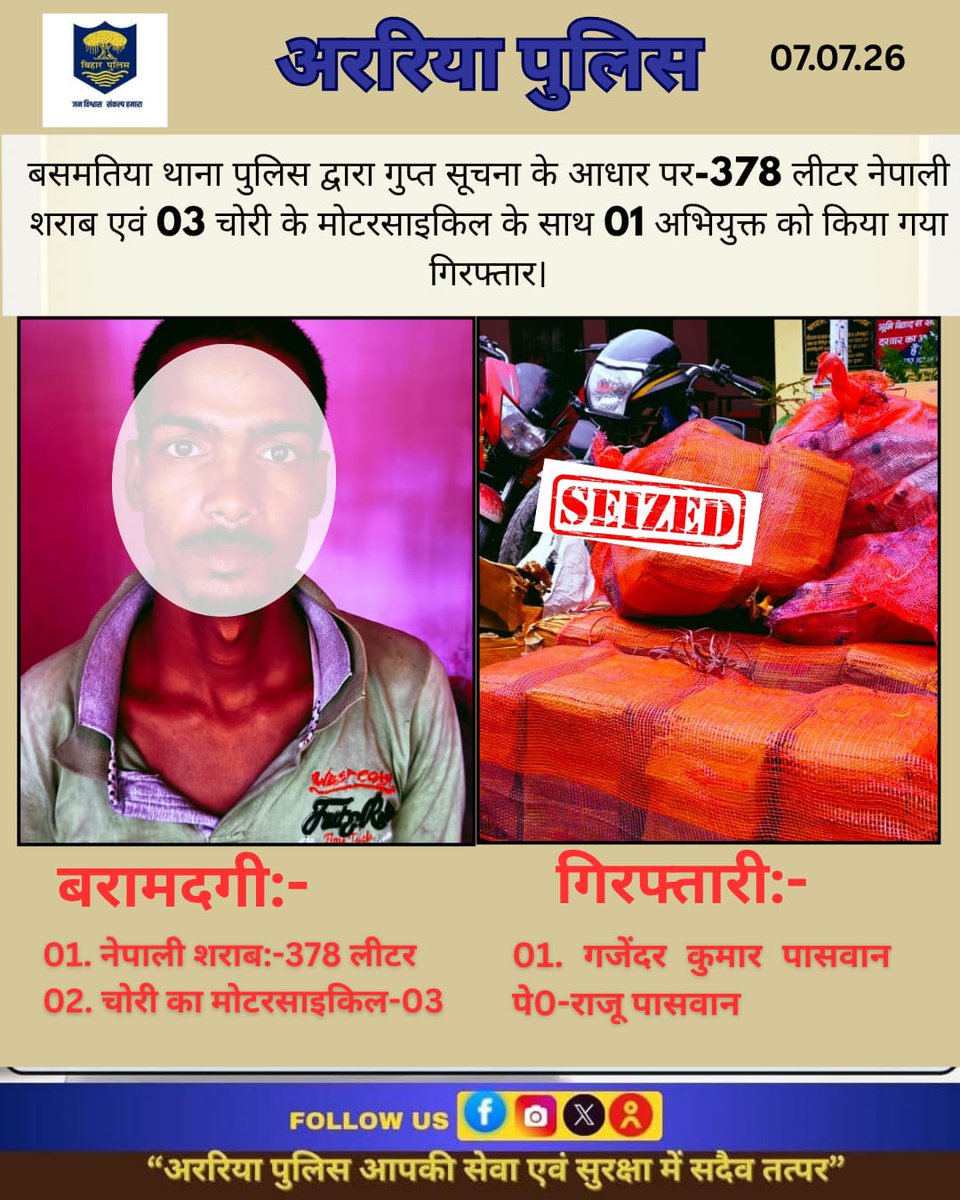 ArariaP's tweet photo. बसमतिया थाना पुलिस द्वारा गुप्त सूचना के आधार पर-378 लीटर नेपाली शराब एवं 03 चोरी के मोटरसाइकिल के साथ 01 अभियुक्त को किया गया गिरफ्तार।
#BiharPolice #Araria #ArariaPolice #dial112 #HaiTaiyaarHum #bihar_police #IPRD_Bihar #BiharHomeDept https://t.co/ZJE1DHxTZb