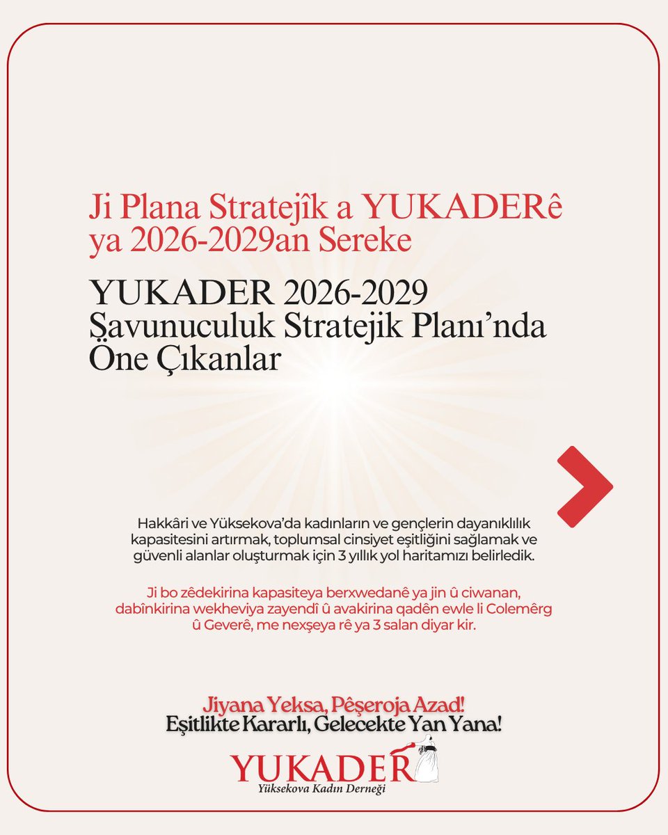 YUKADER_'s tweet photo. 📢 YUKADER 2026–2029 Savunuculuk Stratejik Planımız Yayında!

Eşit, şiddetsiz ve adil bir gelecek için yol haritamızı paylaşıyoruz. Güçlü kadınlar, güçlü yerel iş birlikleri ve güçlü bir toplum için çalışmaya devam ediyoruz.

📍Detaylı bilgi: https://t.co/HXc2gMjL63

#YUKADER #Savunuculuk #KadınHakları #ToplumsalCinsiyetEşitliği #ŞiddetsizBirGelecek

@unwomenturkiye
