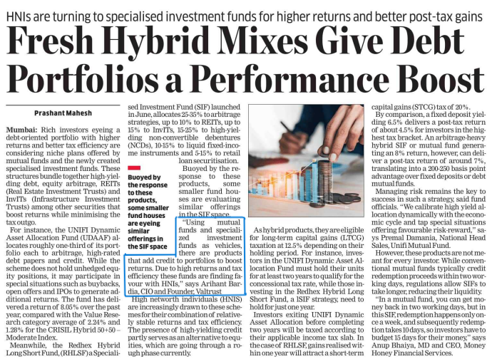 valtrustcapital's tweet photo. Post March 2023, the Fixed Income category lost its shine with the changes in applicable taxes. But now, a few Fixed Income alternatives are becoming popular in the market. 

Two products that have recently been launched in a hybrid format with Arbitrage funds are trying to add credit to an Income-plus-Arbitrage structure to increase yields. 

In the @EconomicTimes story with @PrashantmET , @arihantbardia, CIO and Founder, @valtrustcapital  explains how, by using mutual funds and specialized investment funds as vehicles, there are products that add credit to portfolios to boost returns. Due to high returns and tax efficiency, these funds are finding favour with HNI investors.

Please read the complete story here: https://t.co/mYmI6DpbFX

@BhutoriaRahul , @khoslaamit 

#FixedIncome #MultiFamilyOffice #AssetAllocation