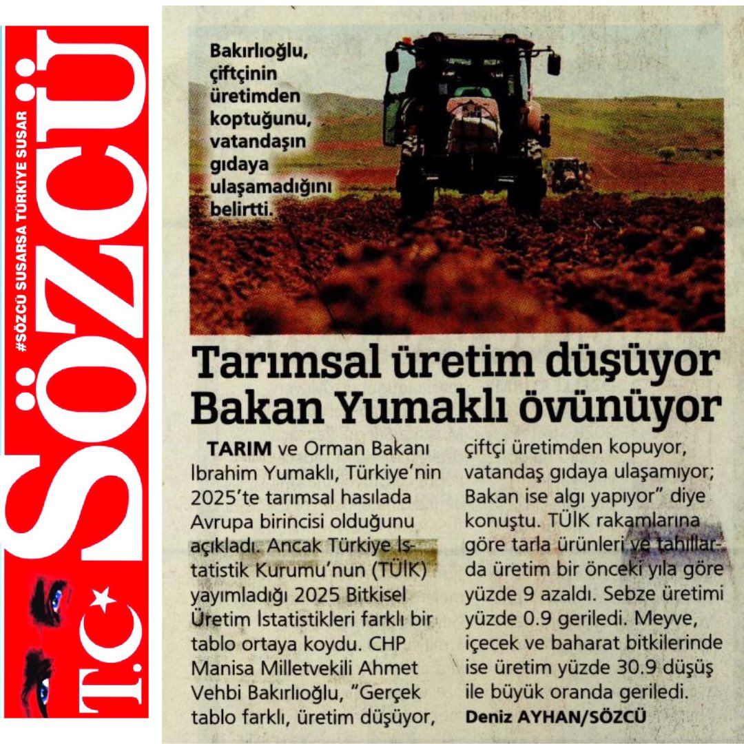 AVBakirlioglu's tweet photo. 🗞️Sözcü Gazetesi

📌Tarımsal üretim düşüyor, Bakan Yumaklı övünüyor.

📌Çiftçi üretimden koptu. 

@denizbjk @gazetesozcu https://t.co/pO6lGgSZMx
