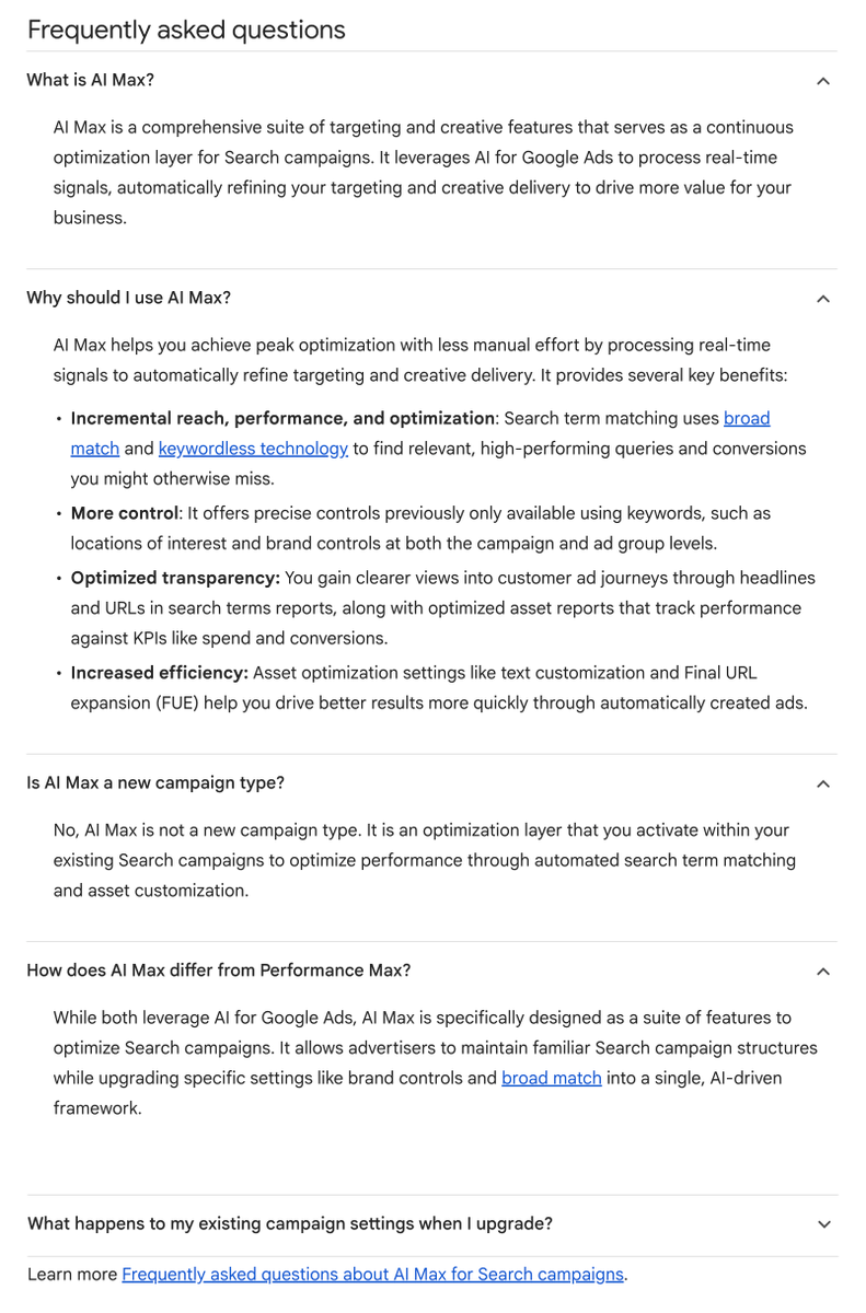 rustybrick's tweet photo. ICYMI: Google Ads AI Max help document  new FAQs section https://t.co/5kcTTDJXCz https://t.co/MSpkSBx8dz