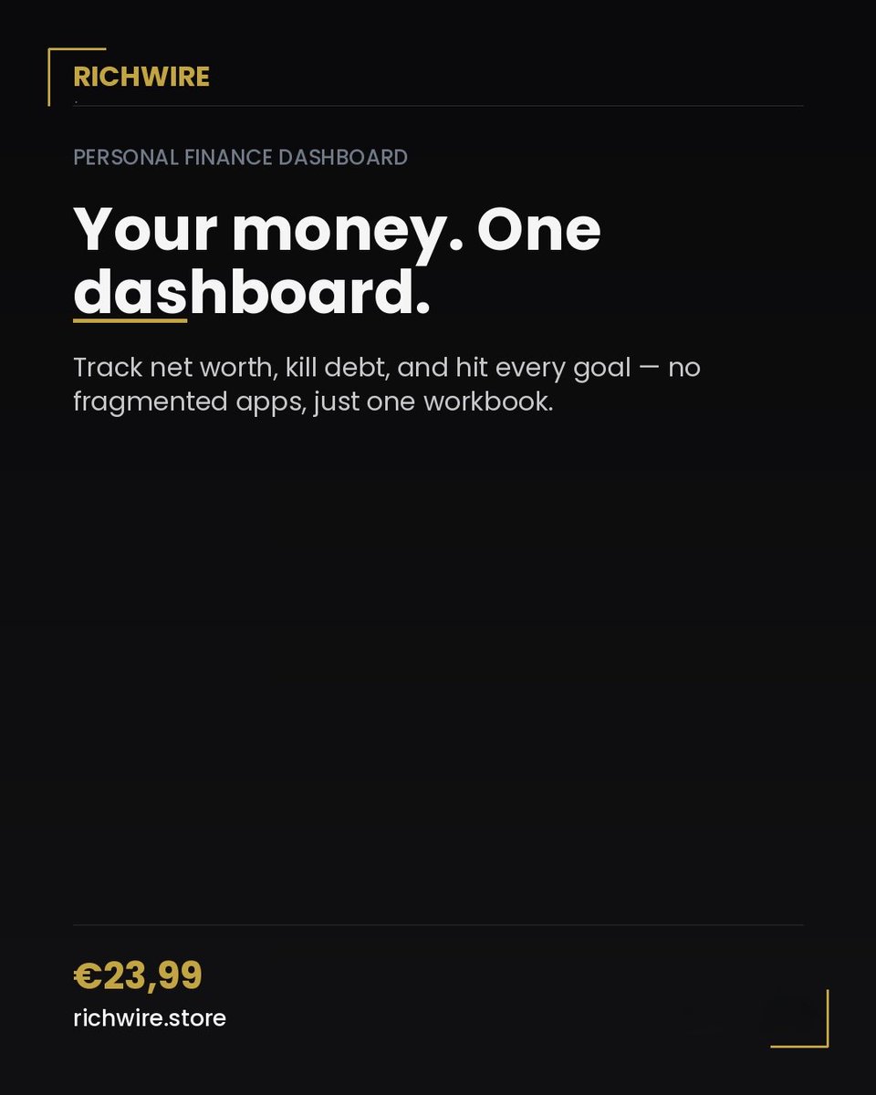 RichWireStore's tweet photo. Net worth, budget, debt payoff, investments, and goals - one workbook, zero fragmented apps. Your entire financial life in one dashboard. 📊
⬇️
https://t.co/G8wyVv5ZcH 
.
.
.
#PersonalFinance #WealthBuilding #RichWire https://t.co/rr5KEkdWdr