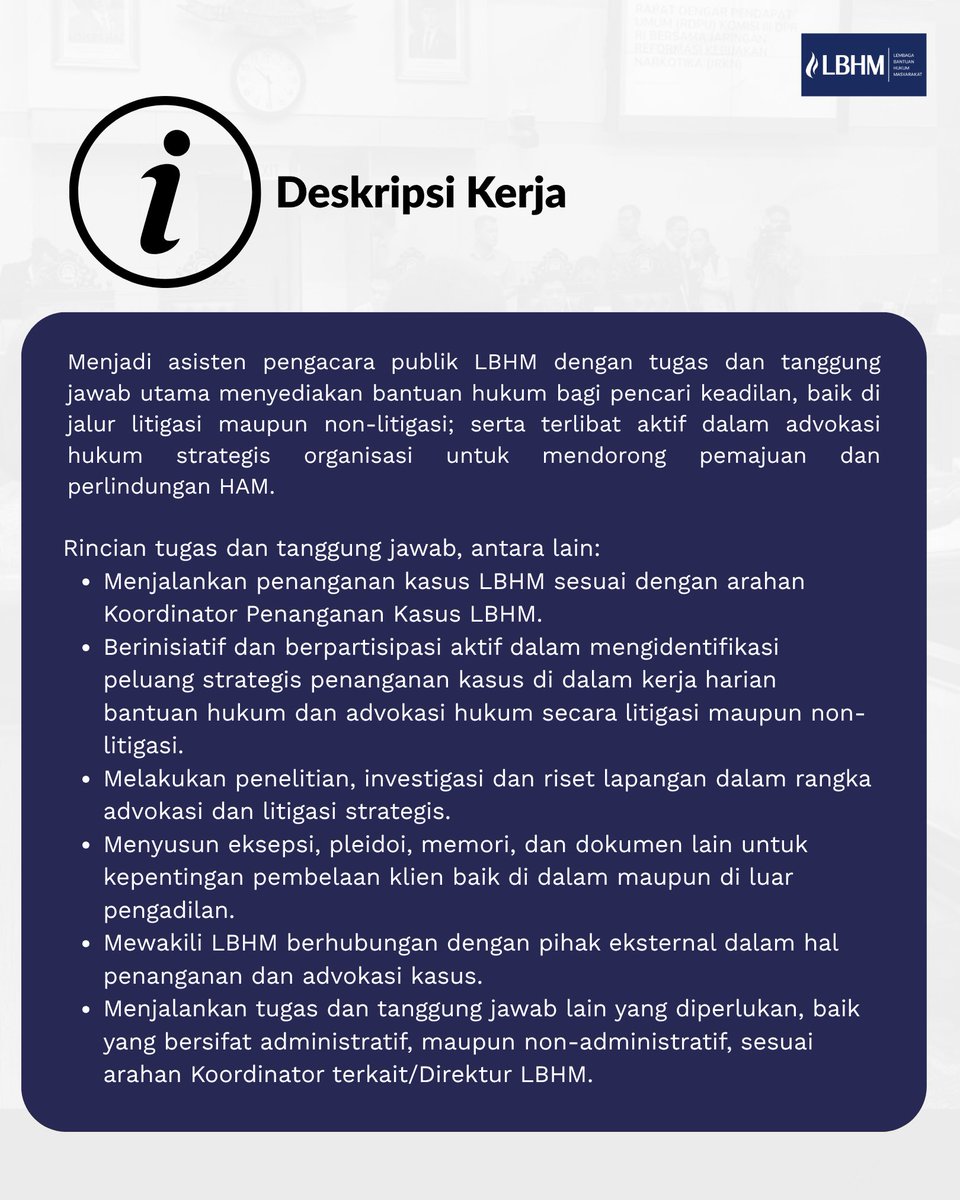LBHMasyarakat's tweet photo. Apakah kamu seorang perempuan atau transpuan yang lulusan Sarjana Hukum dan memiliki komitmen untuk memperjuangkan hak asasi manusia serta keadilan sosial?

LBH Masyarakat membuka kesempatan untuk bergabung sebagai Asisten Pengacara Publik. Posisi ini akan terlibat dalam pemberian bantuan hukum secara litigasi maupun non-litigasi, advokasi strategis, riset, investigasi, hingga pendampingan bagi pencari keadilan.

Melalui rekrutmen ini, LBHM ingin memperkuat representasi gender dalam profesi bantuan hukum sekaligus membangun layanan bantuan hukum yang lebih inklusif.

Kualifikasi:
1. Perempuan atau transpuan.
2. Lulusan Sarjana Hukum (lulus paling lambat Juni 2026).
3. Memiliki minat kuat pada gerakan HAM dan advokasi keadilan sosial.
4. Mampu bekerja secara individu maupun dalam tim.
5. Menguasai MS Office dan teknologi pendukung kerja.
6. Memiliki kemampuan dasar Bahasa Inggris.