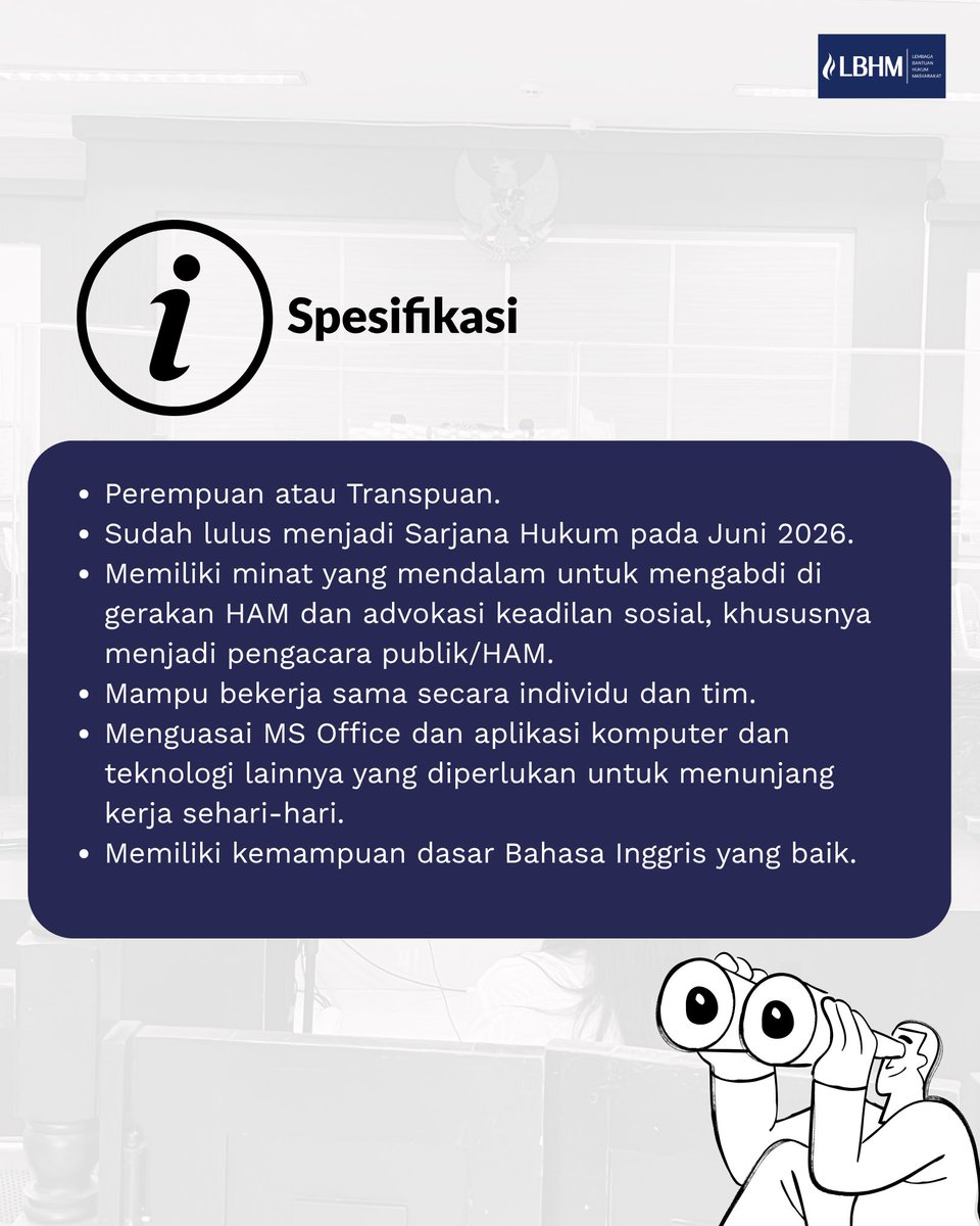 LBHMasyarakat's tweet photo. Apakah kamu seorang perempuan atau transpuan yang lulusan Sarjana Hukum dan memiliki komitmen untuk memperjuangkan hak asasi manusia serta keadilan sosial?

LBH Masyarakat membuka kesempatan untuk bergabung sebagai Asisten Pengacara Publik. Posisi ini akan terlibat dalam pemberian bantuan hukum secara litigasi maupun non-litigasi, advokasi strategis, riset, investigasi, hingga pendampingan bagi pencari keadilan.

Melalui rekrutmen ini, LBHM ingin memperkuat representasi gender dalam profesi bantuan hukum sekaligus membangun layanan bantuan hukum yang lebih inklusif.

Kualifikasi:
1. Perempuan atau transpuan.
2. Lulusan Sarjana Hukum (lulus paling lambat Juni 2026).
3. Memiliki minat kuat pada gerakan HAM dan advokasi keadilan sosial.
4. Mampu bekerja secara individu maupun dalam tim.
5. Menguasai MS Office dan teknologi pendukung kerja.
6. Memiliki kemampuan dasar Bahasa Inggris.