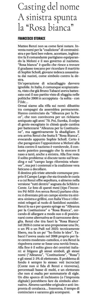 Storace's tweet photo. Rieccolo. #Renzi pensa di essere il più furbo di tutti l, ma offende la #Meloni ed è più gaffeur di #Trump.
Per guadagnarsi una poltrona a sinistra ricicla La Rosa Bianca di #Tabacci e paragona il governo al nazismo.
Più spregiudicato di lui non ce n’è
#Libero https://t.co/3JnIu6mqQk
