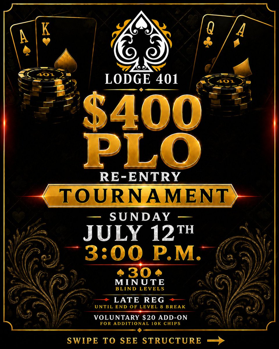 Lodge401Poker's tweet photo. 🏆 $400 PLO Tournament w $20 add on for 10k chips
🗓️Sunday, July 12th
🕒3pm
​♠️30k stack (incl. add on)
⏳30 min blinds
♦️Late reg until end of level 8
✨Reg in person or text 647-401-7768
💵 Cash games 1/3, 2/5 NL, 2/2/5, 5/5 PLO
​#torontopokertournament #TorontoPoker #Lodge401 https://t.co/aQ7jHn2zan