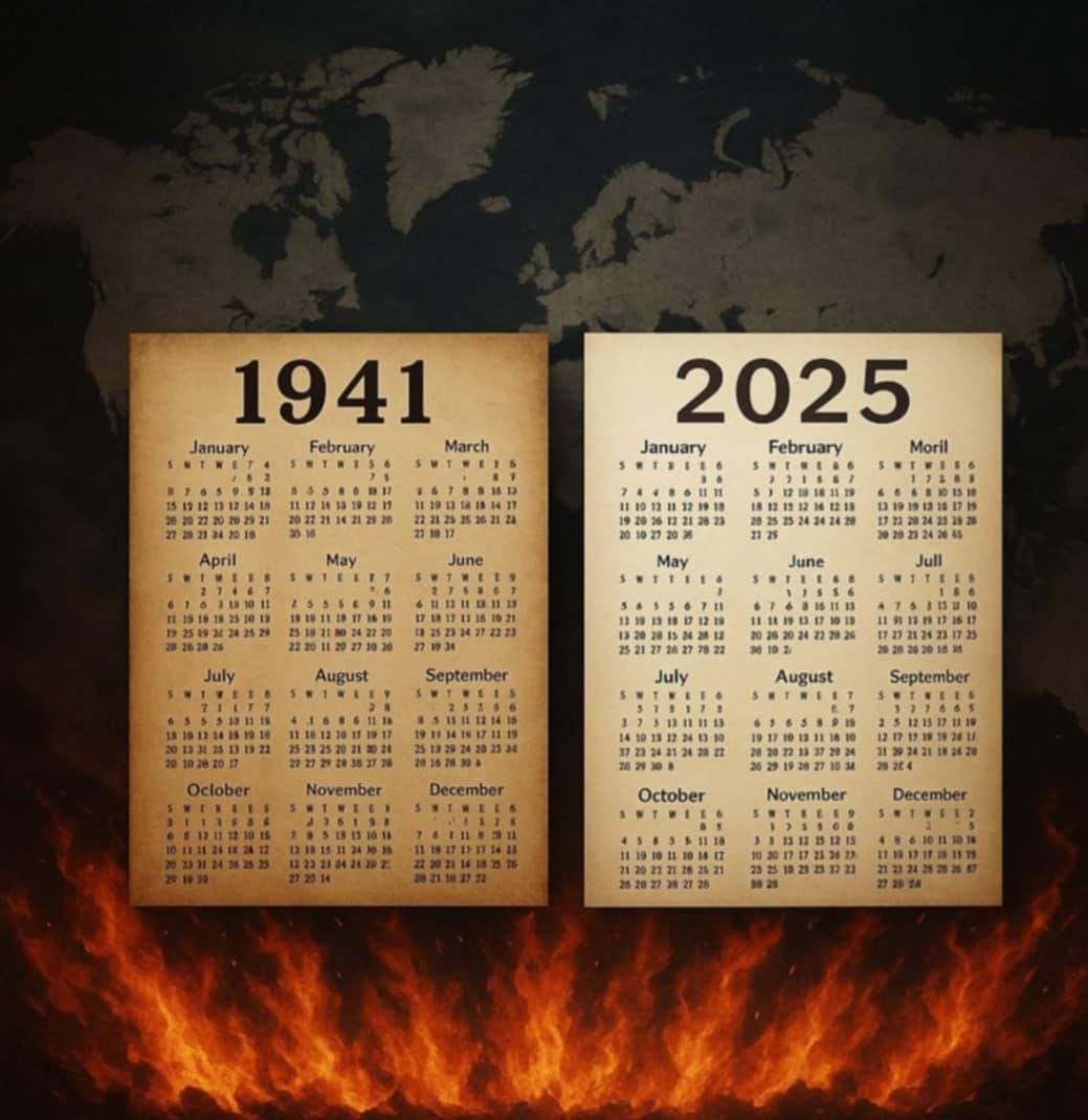 Web3Serpent's tweet photo. HISTORY MAY PROBABLY REPEAT IT SELF.

What if I told you that the calendars of 1941 and 2025 are exactly the same?
Coincidence or a warning. Are we stuck in a time loop?
Or do we just refuse to learn?

1941 = 2025?
It’s up to us what happens next. https://t.co/ME9Z0v0w1I