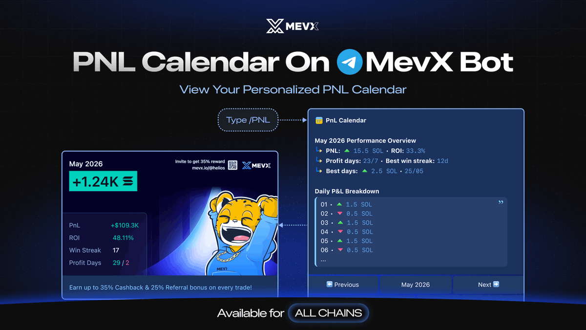 MEVX_Official's tweet photo. [MevX Update] PNL Calendar just dropped on MevX TG Bot ⚡

- Track multiple wallets directly in Telegram Bot
- Daily, weekly &amp; monthly breakdowns with one command

Try now👉 https://t.co/y2IpRUlo90 https://t.co/fTj1C5VHsZ